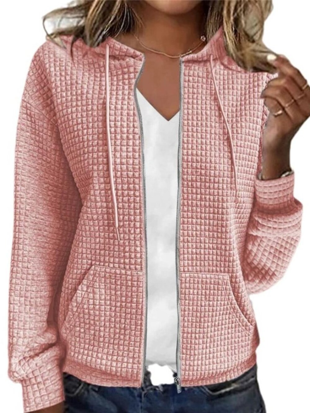 Waffle Knit Zip-Up Hoodie with Drawstring and Pockets